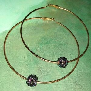 Big Gold XL Hoop Earrings Vintage Dark AB Black Blue Rainbow Beads KATTA Hoops